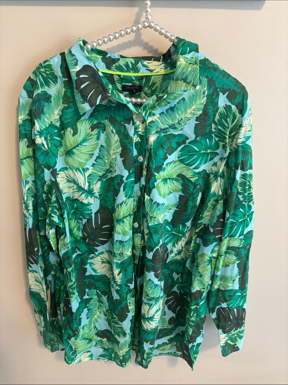 Talbots Womens 2X Cotton Blouse Palm Leaf Tropical Button Up Shirt Green